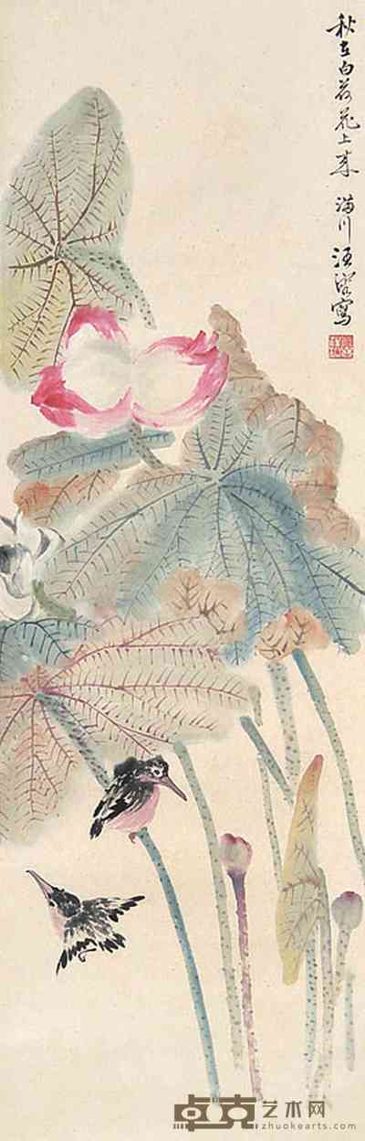 汪溶 荷花小鸟 立轴 96×30cm